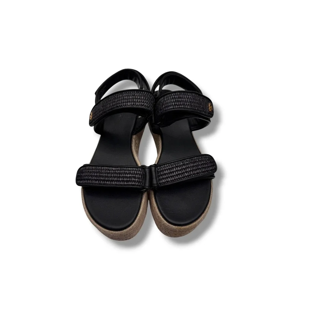 Tory Burch Sport Platform Espadrille Sandals 6.5 Black Raffia Woven Leather